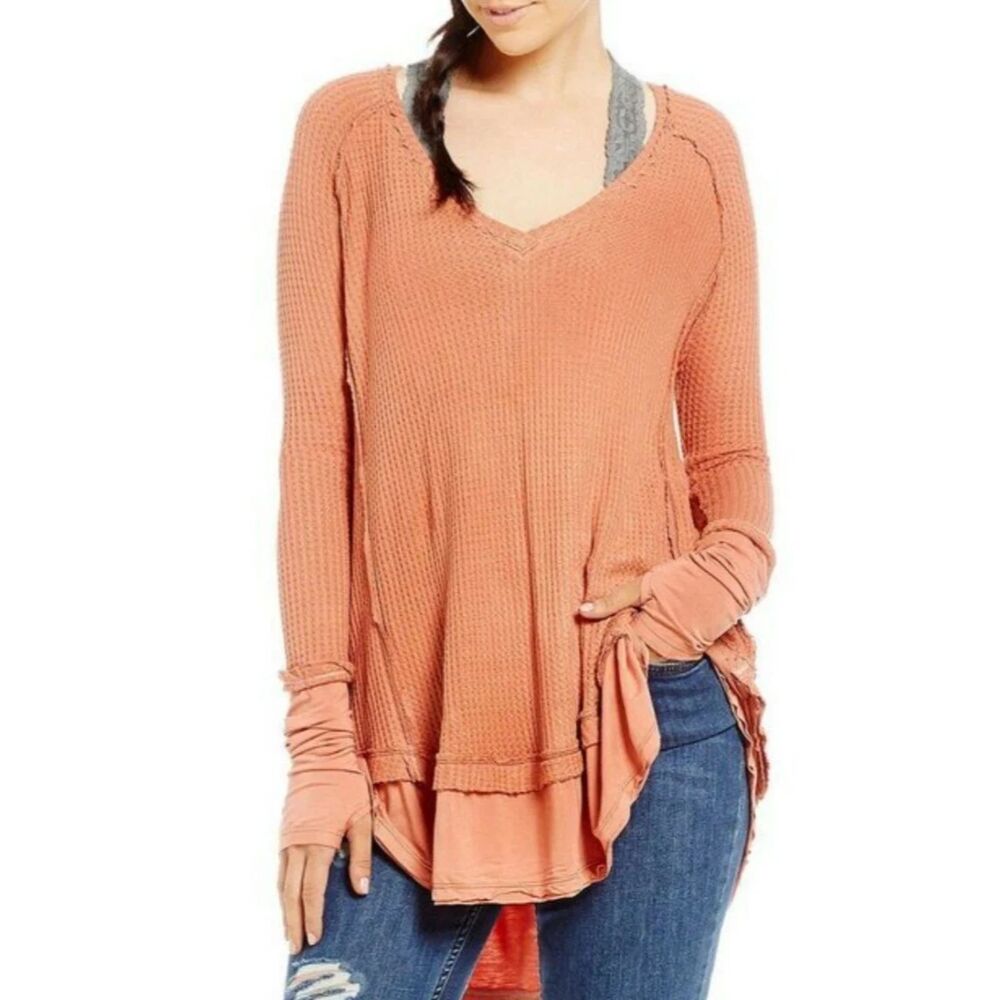 We the Free People Laguna Thermal Top Sz Medium Oversized Waffle Knit Raw Seams